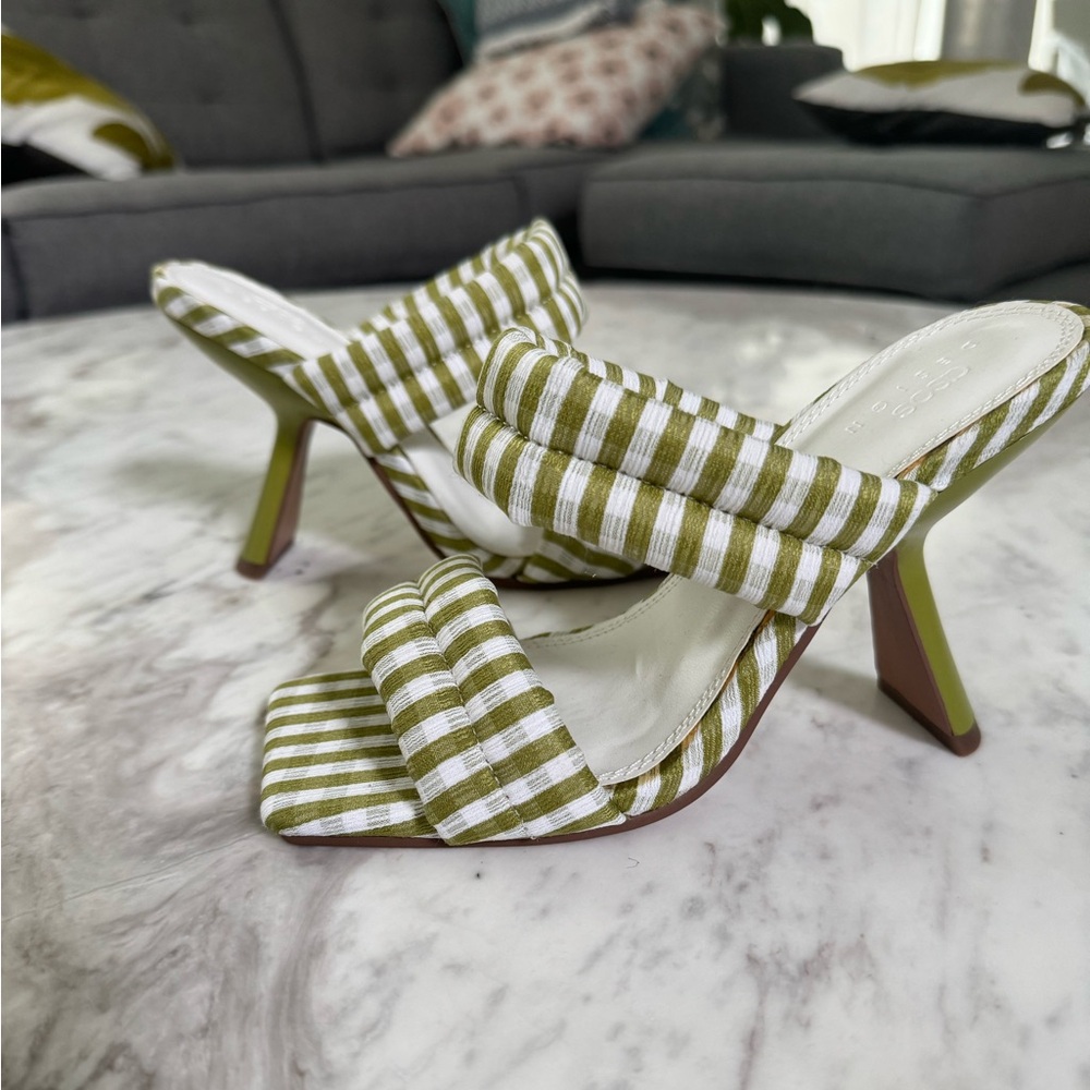 ASOS design striped lime green and white slip on two strap sandal heels new